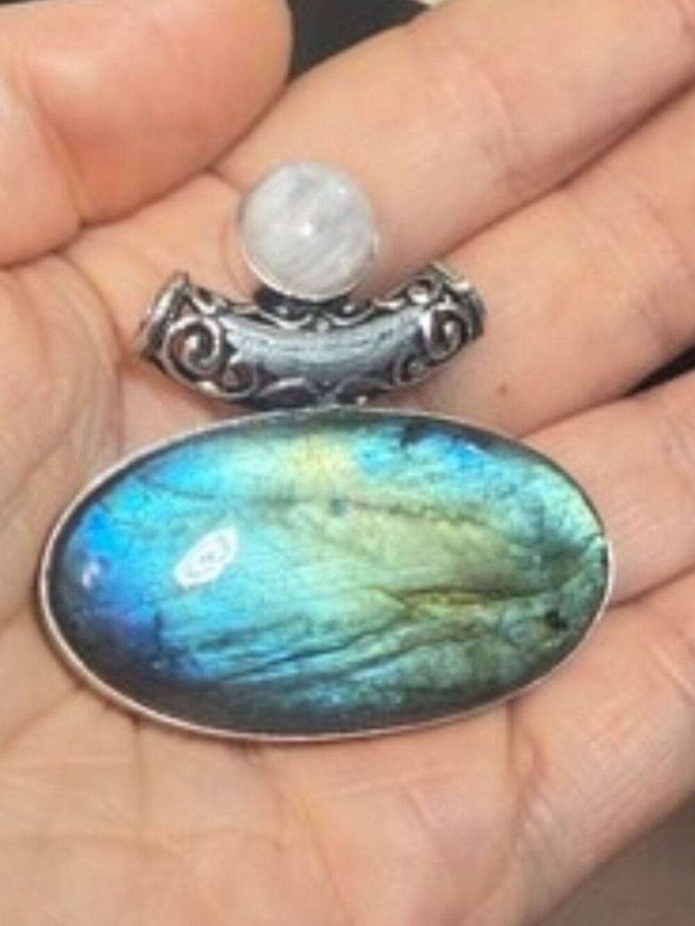 Moonstone & Labradorite Pendant Double Gemstone Blue Green Flash Handmade OOAK